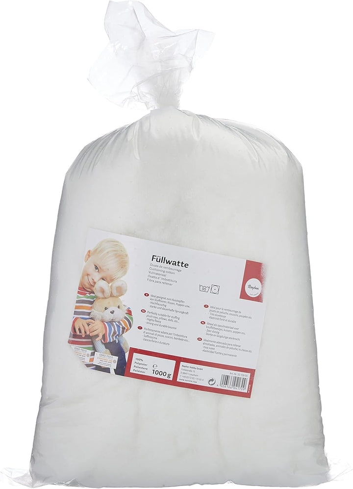 Rayher Hobby Rayher 3315800 Füllwatte hochflauschig 1000 g Beutel, Füllmaterial 100% Polyester, weis