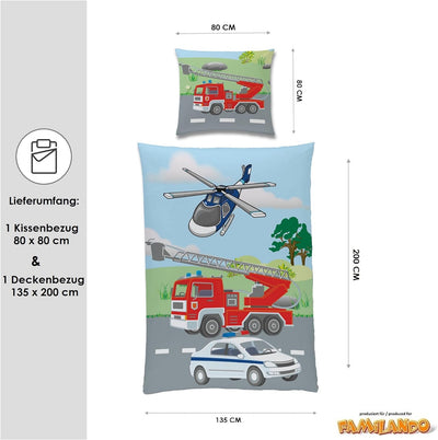 TexIdea Polizei Feuerwehr Bettwäsche Set · Wende-Motiv · Bett-bezug 135x200 cm · Kopfkissen-bezug 80