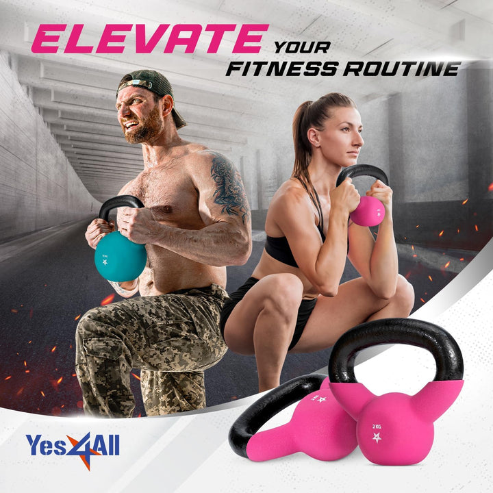 Yes4All 2-20kg Kettlebell aus Gusseisen mit Neopren Beschichtung, Mehrfarbige Kettlebells, Schwungha