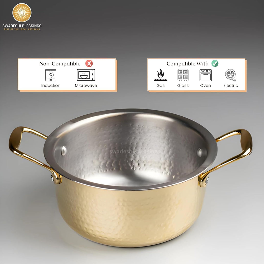 Swadeshi Blessings EXKLUSIVE RANGE Messingtopf / Suppentopf zum Kochen mit Deckel / Teflonfrei / Nat