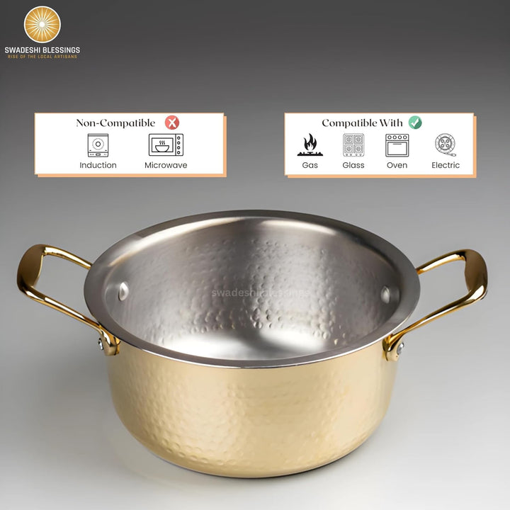 Swadeshi Blessings EXKLUSIVE RANGE Messingtopf / Suppentopf zum Kochen mit Deckel / Teflonfrei / Nat