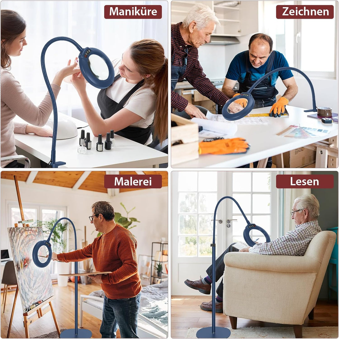 Veemagni 10X Echte Glaslinsen Schwanenhalslupen, Lupe mit Licht und Ständer Stehlampe, 5 Farbmodi St