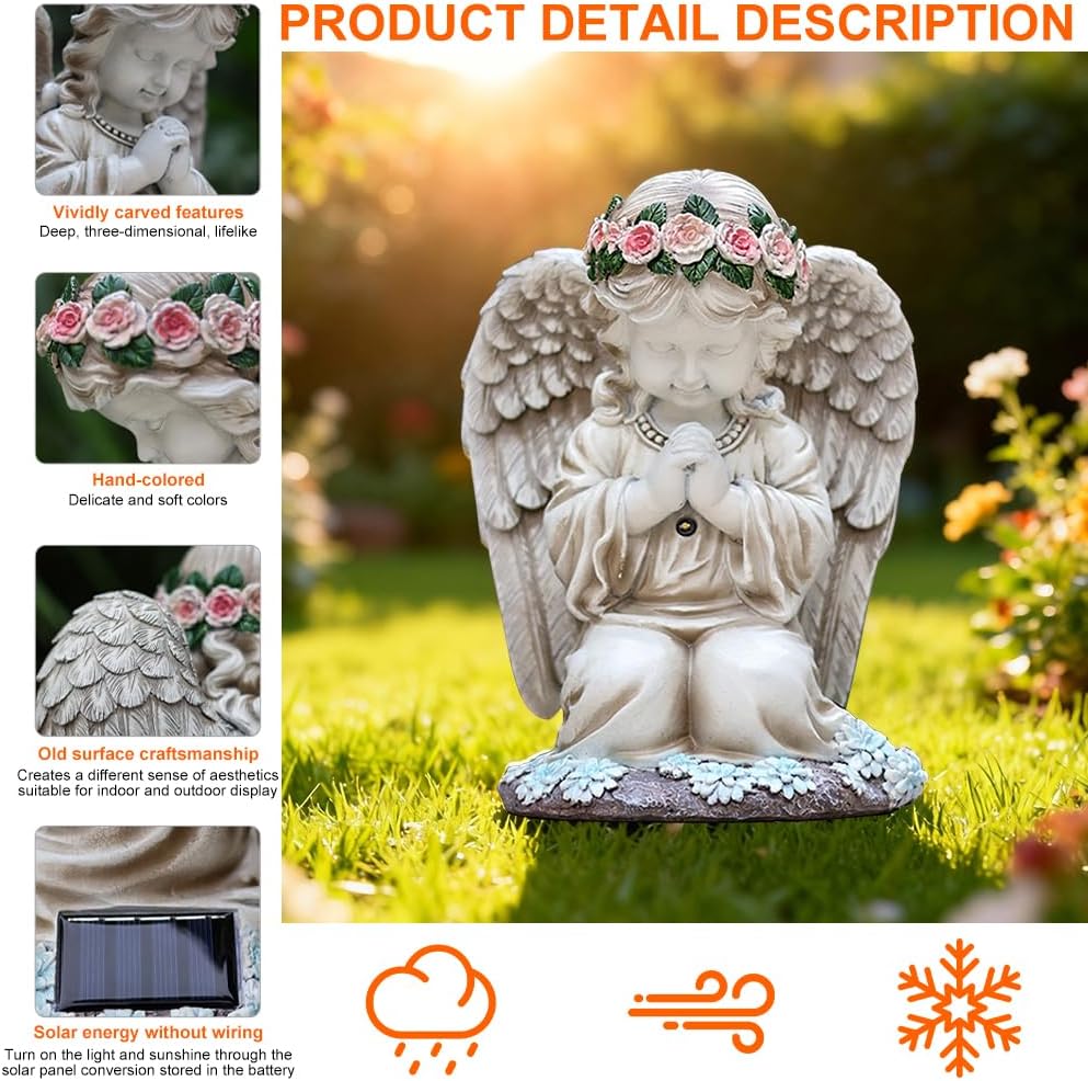 Grabschmuck Wetterfest, Solar Engel Gartenstatuen, Wetterfest Grabschmuck, Grabengel mit Led Solarle
