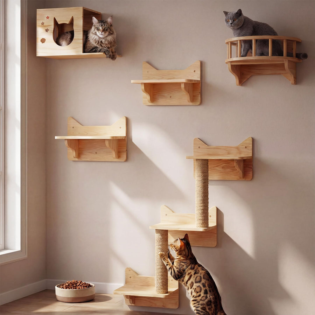 LADVATKIN Katzen Wandregale, Katzenwandmöbel Set, Katzenregale und Sitzstangen für Wand, Kletterrega