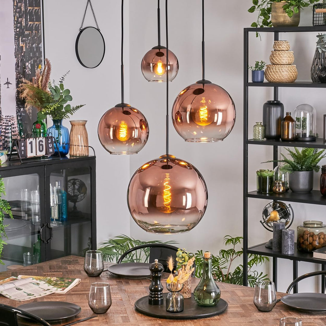 HOFSTEIN Hängeleuchte Koyoto, 4-flammige Hängelampe aus Metall/Glas in Schwarz/Kupfer/Klar, Pendelle