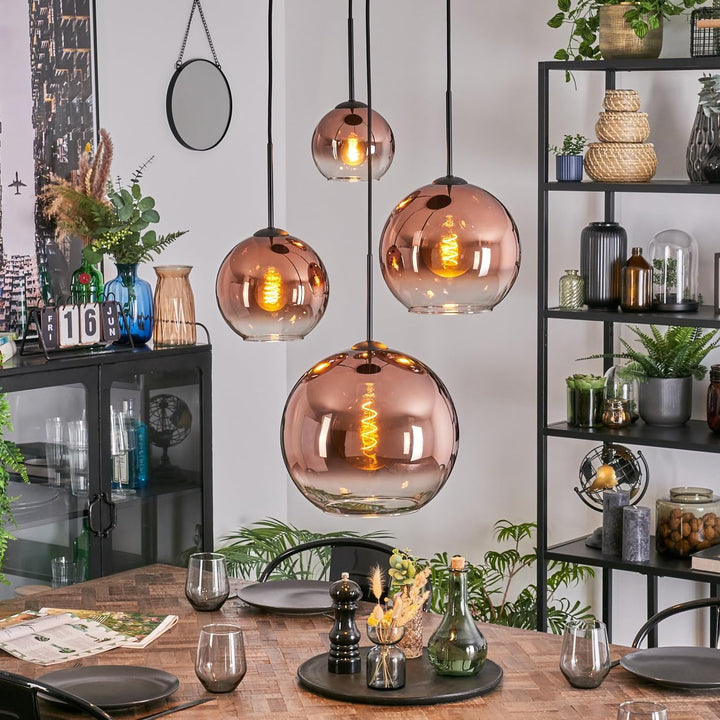 HOFSTEIN Hängeleuchte Koyoto, 4-flammige Hängelampe aus Metall/Glas in Schwarz/Kupfer/Klar, Pendelle