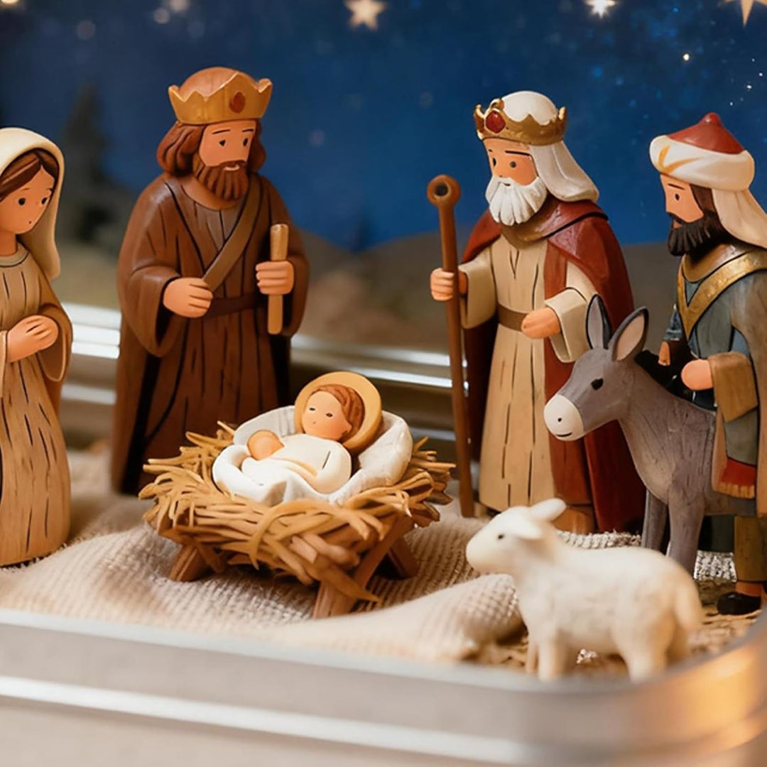 Mini-Weihnachtskrippen-Set in dekorativer Blechdose, Harzfiguren mit Sternennacht-Hintergrund, 9,5 x