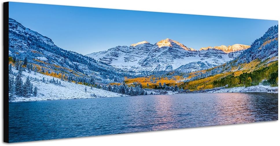 Paul Sinus Art Panoramabild auf Leinwand und Keilrahmen 150x50cm Aspen Berge Schnee See Morgenlicht