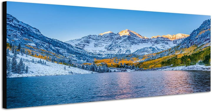 Paul Sinus Art Panoramabild auf Leinwand und Keilrahmen 150x50cm Aspen Berge Schnee See Morgenlicht