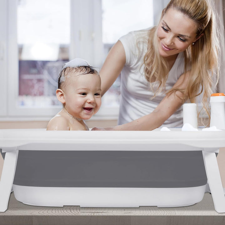YUENFONG Baby Badewanne, Faltbar, PP Material, Anti Rutsch, Grau mit Sitzkissen Grau mit Badematte,