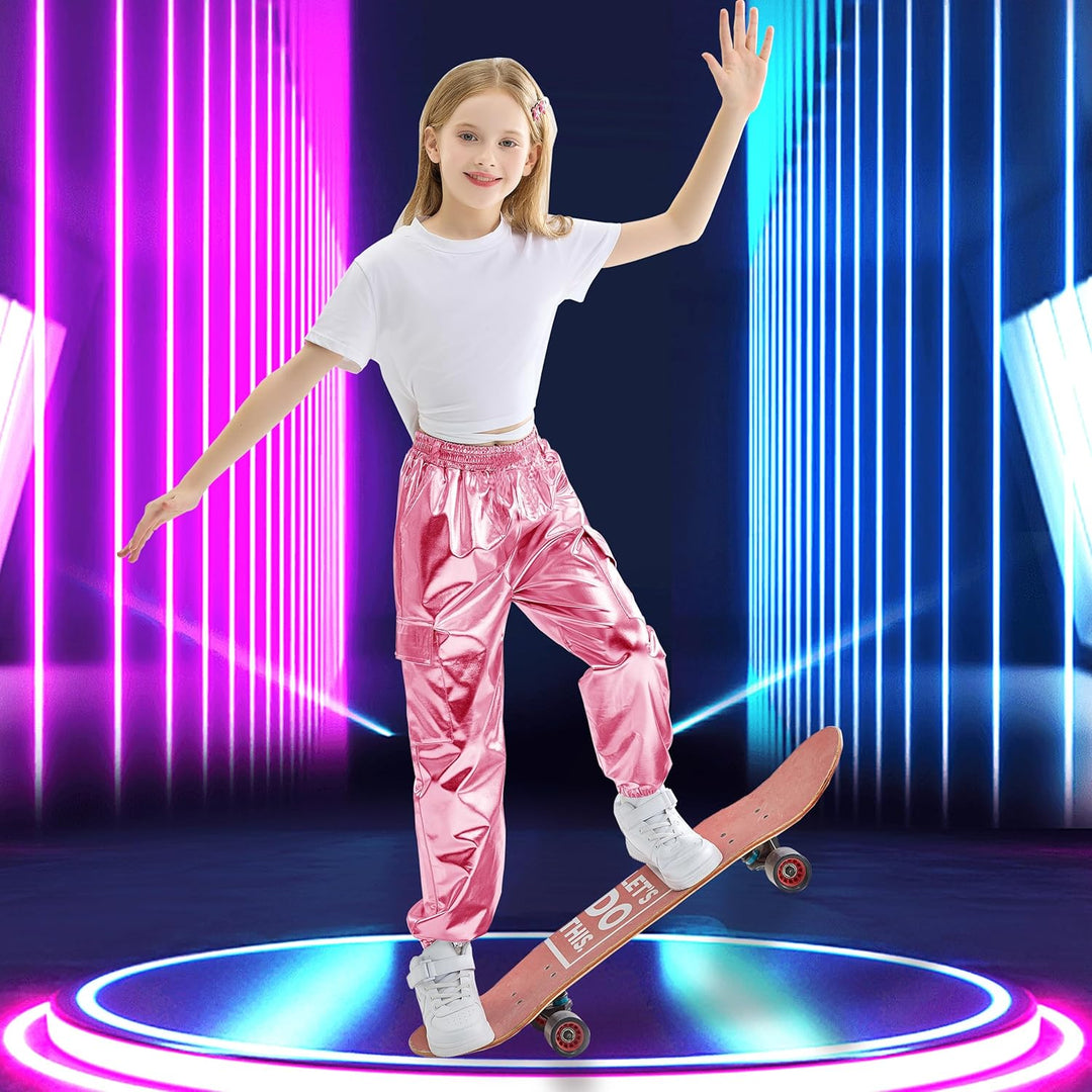 Rolanko Cargo Hosen für Mädchen, Metallische Tanz Hip Hop Hosen für Kinder Mit Elastischem Bund, Ret
