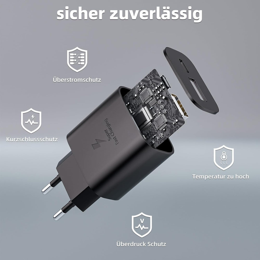 2er-Pack 25W USB C Ladegerät Super Fast Charger mit 2M Typ C Ladekabel, 2-Port USB-A&amp;USB-C Handy Net