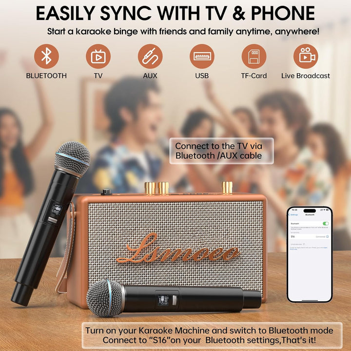 Tragbare Karaoke Maschine Anlage mit 2 Drahtlosen Mikrofonen für Erwachsene & Kinder Bluetooth Lauts