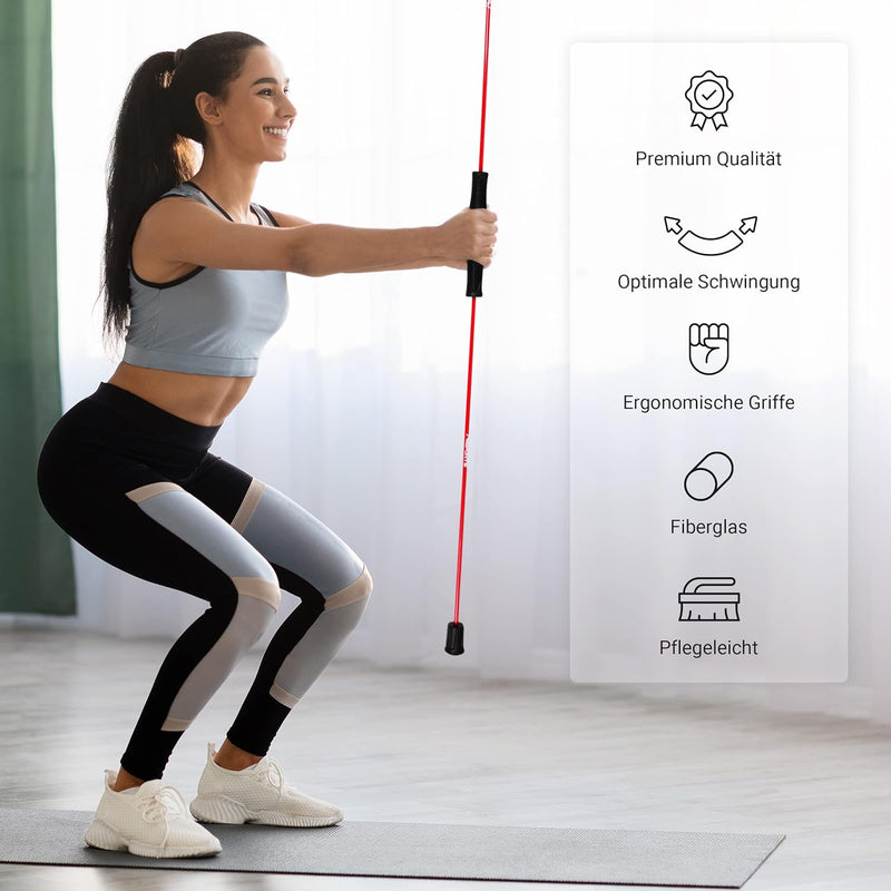 MSPORTS Schwingstab Premium 160 cm – Fitness Swingstick aus Fiberglas für Ganzkörpertraining in Rot