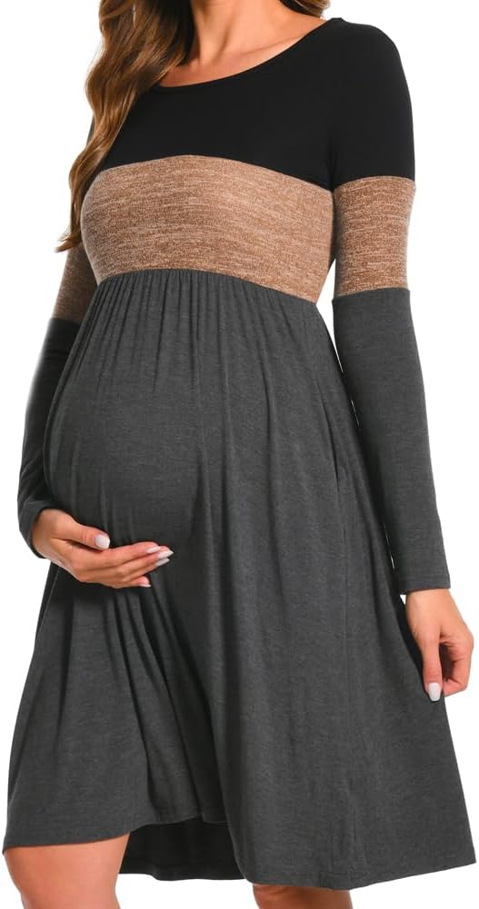 Bearsland Women’s Long Sleeve Maternity Dresses Patchwork Pregnancy Dress with Pocket L Brown, L Bro