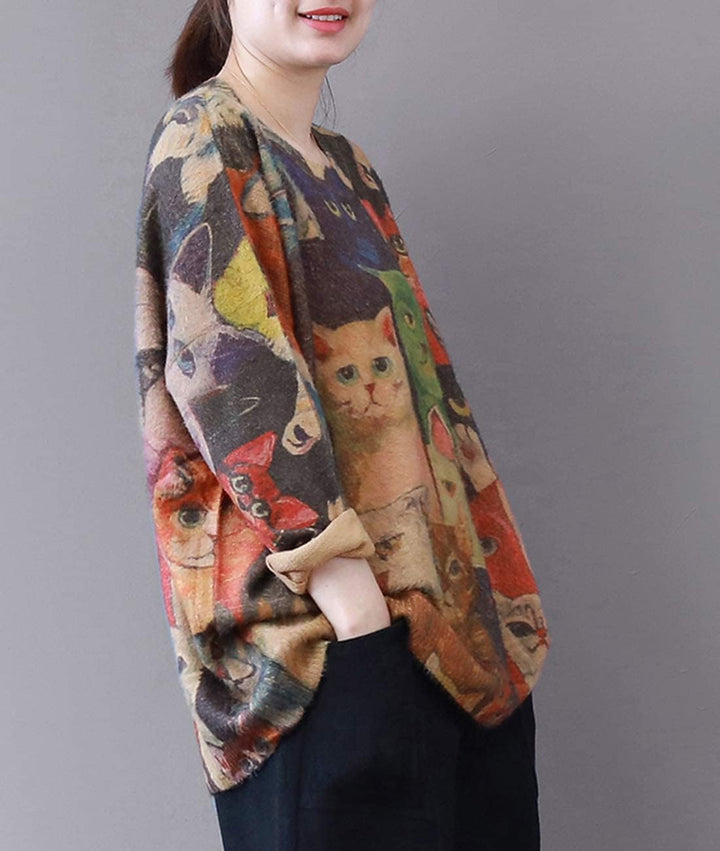 Janein Damen Pullover Oversize Lang Strickpullover Herbst Winter Rundhals Sweater mit Blumenmuster W