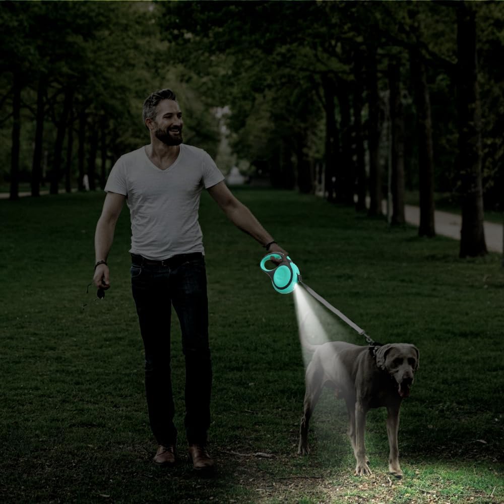 Einziehbare Hundeleine, 3/5 m, 30 kg, Robuste Hundeleine mit LED Taschenlampe, Einhandbremse Haustie