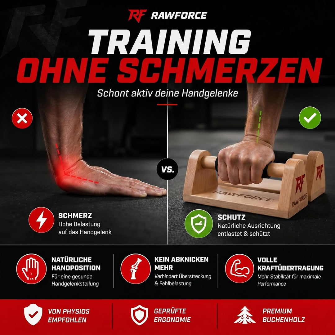 RawForce 2x Liegestützgriffe aus Holz - Joint-Friendly & Rutschfest - Parallettes Push Up Bar - Hand