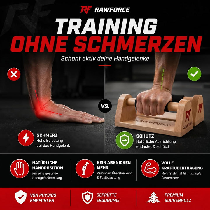RawForce 2x Liegestützgriffe aus Holz - Joint-Friendly & Rutschfest - Parallettes Push Up Bar - Hand