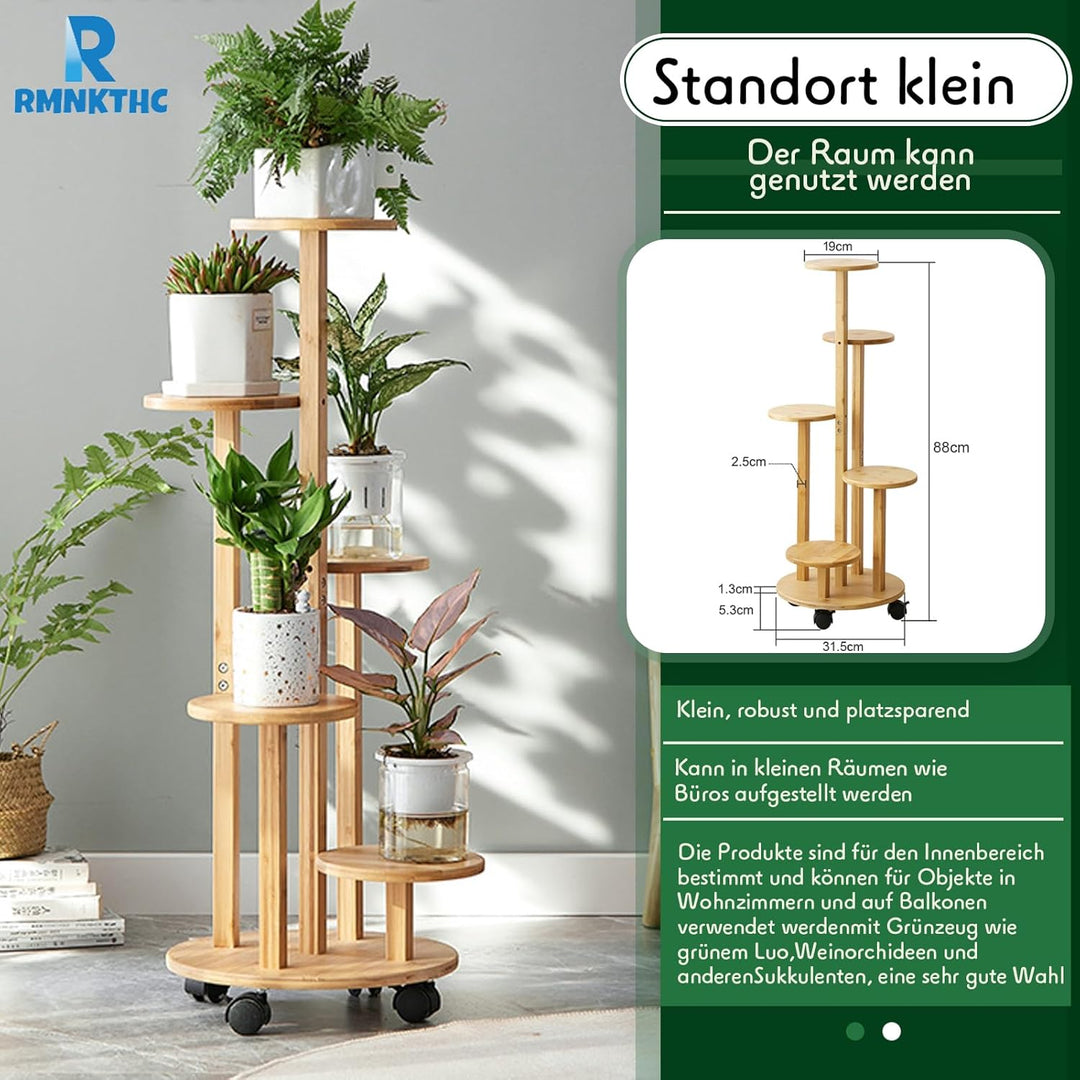 Bambus Blumenregal mit Rollen | 5-stufig 20kg Traglast | Naturmaterial wasserfest | Einfache Montage