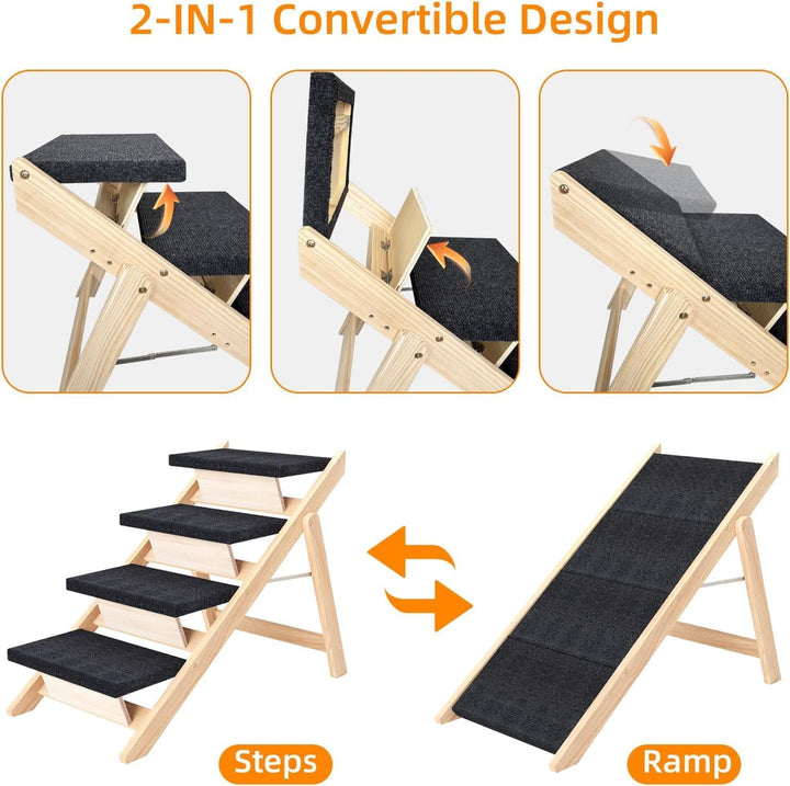 Holz-Hundetreppe & Rampe 2-in-1, Klappbar und Tragbar für Kleine und Mittelgrosse Hunde sowie Katzen