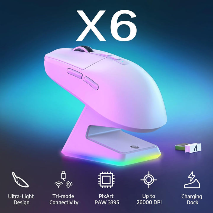 VGN Game Power Attack Shark X6 Superlight Kabellose Gaming-Maus mit RGB Ladestation, 49g Ultraleicht