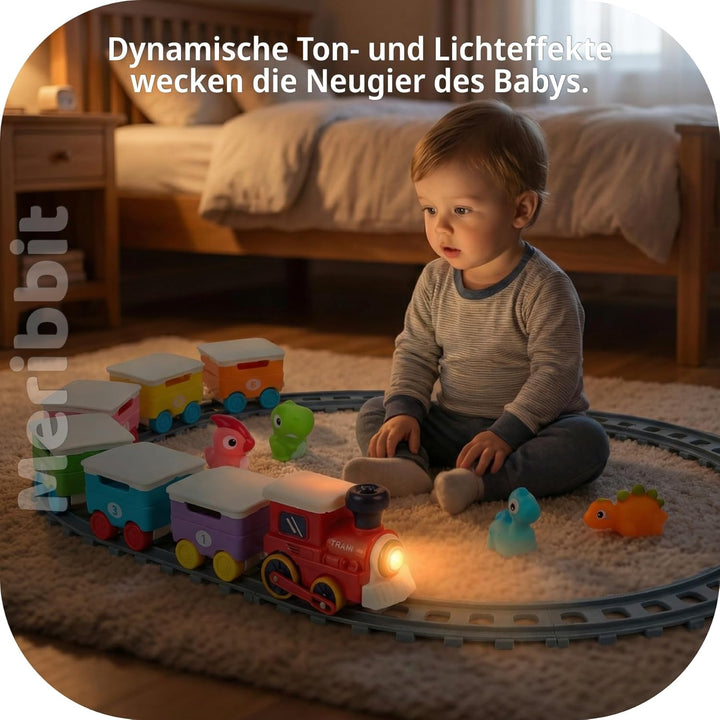 Montessori Zug Set mit Schienen, Licht & Dampfeffekt, Dinosaurier Fingerpuppen, Lernspielzeug für Ki