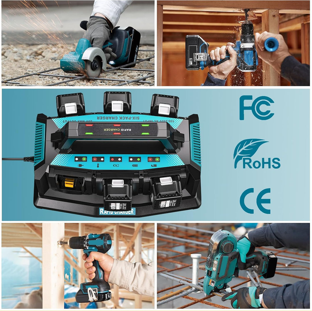 YEX-BUR 6-Ports Ladegerät für Makita 14,4v-18v Akku (Li-Ion, gleichzeitiges Laden von 6 x 18V Akkus,