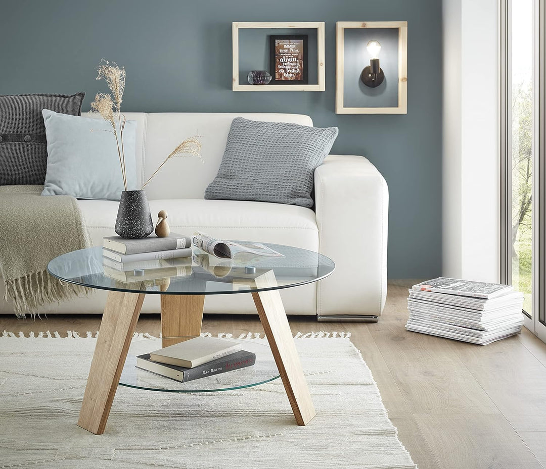 Robas Lund Couchtisch Wohnzimmertisch Glastisch mit Eiche Massiv Gestell, BxHxT 75x40x75 cm