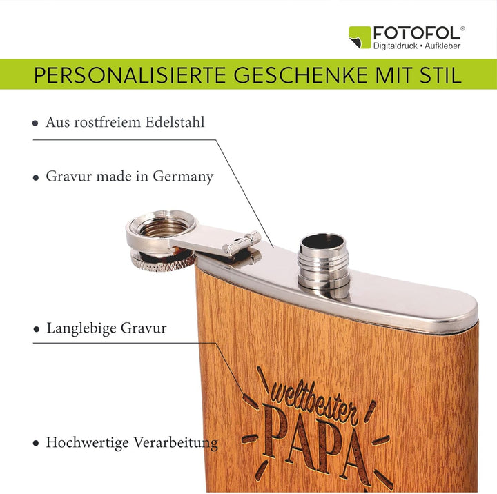 Personalisierter Flachmann mit Gravur - 207 ml Edelstahl-Flachmann in Holzoptik – Geschenk für Männe