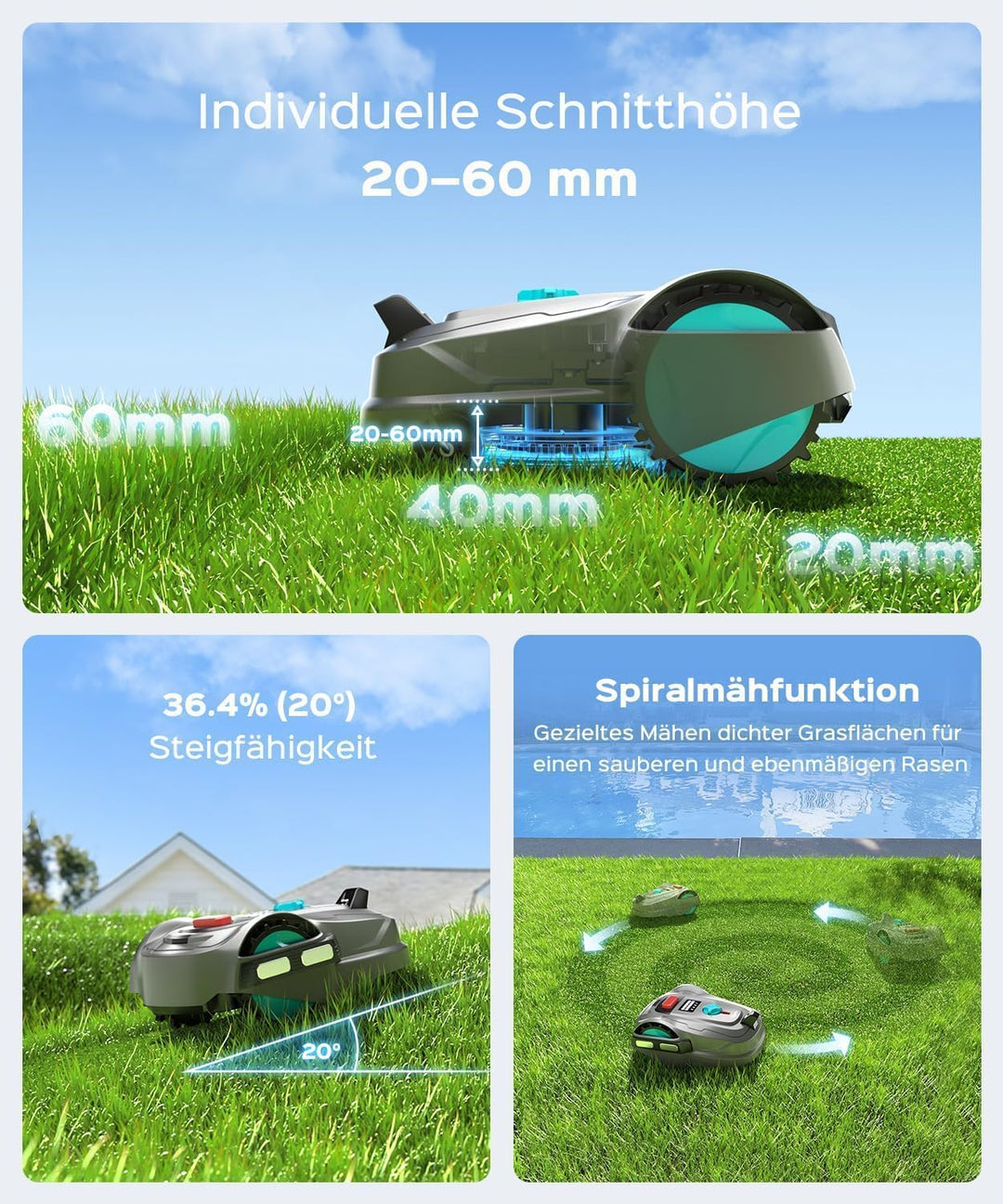 YARDCARE M800Plus Mähroboter ohne Begrenzungskabel,Max. 800 m²,GPS Positionierung+KI Vision,U-förmig