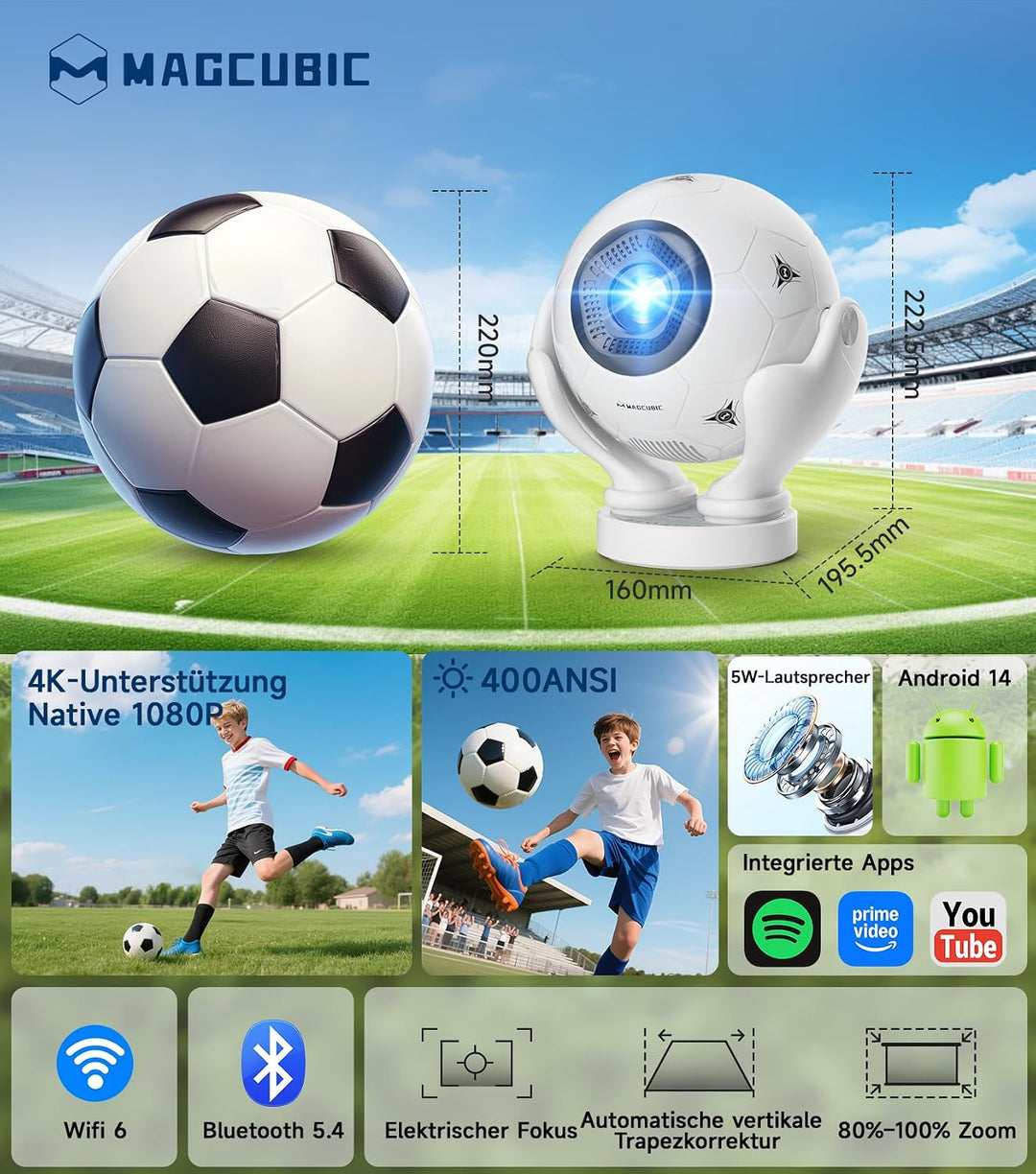 Magcubic Mini Beamer 4K mit Native 1080P Full HD &amp; 400 ANSI Lumen, Android 14 Portable Projektor ide