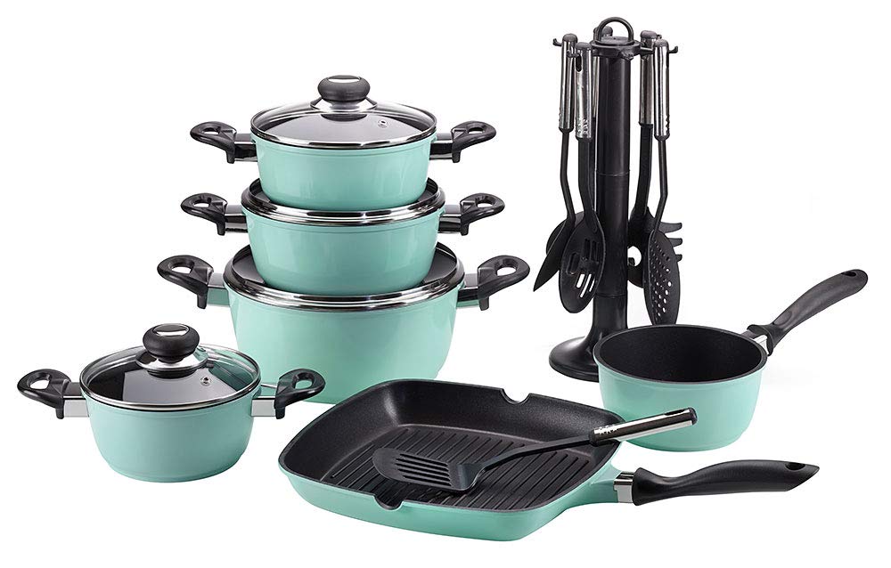 Krüger Aluguss Topfset Mint 17-teilig|Antihaft|Töpfe, Grillpfanne &amp; | Antihaft-Versiegelung|Backofen