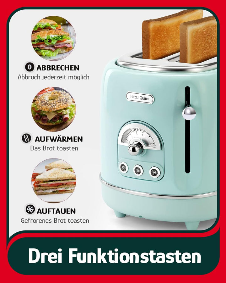 Hazel Quinn Retro 2 Scheiben Toaster, Edelstahl, Vintage Toaster, 6 variable einstellbare Bräunungss