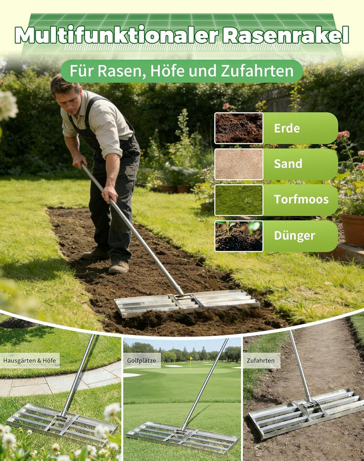 Rasenrakel 80x30 cm Rasenplanier-Rechen mit Verstellbarer Metallstiel (140-215cm) Rasenrechen zum Ra
