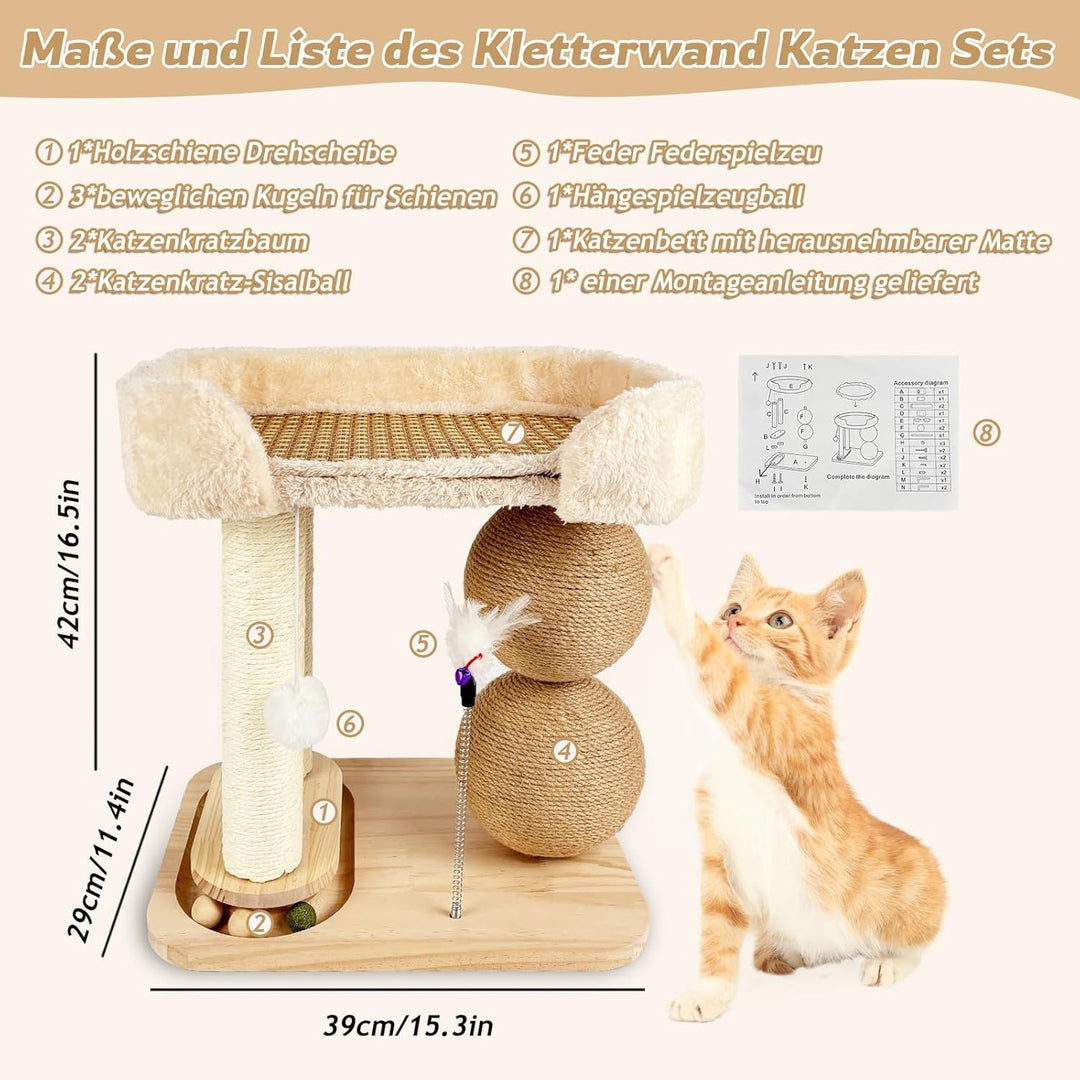 Interaktives Katzenspielzeug Aus Holz 6 in 1 Katzenmöbel mit Hängenden Kugeln, Drehbar Smart Track B