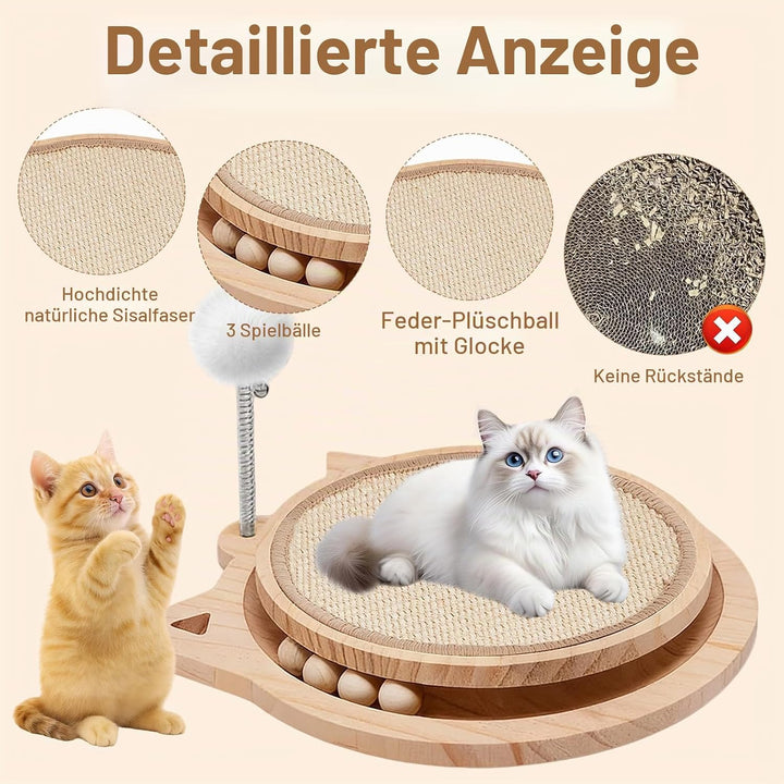 3-IN-1 Kratzbrett Katze Holz, Katzenkratzbrett mit Natürlicher Sisalmatt kratzmöbel Katze mit kugelb