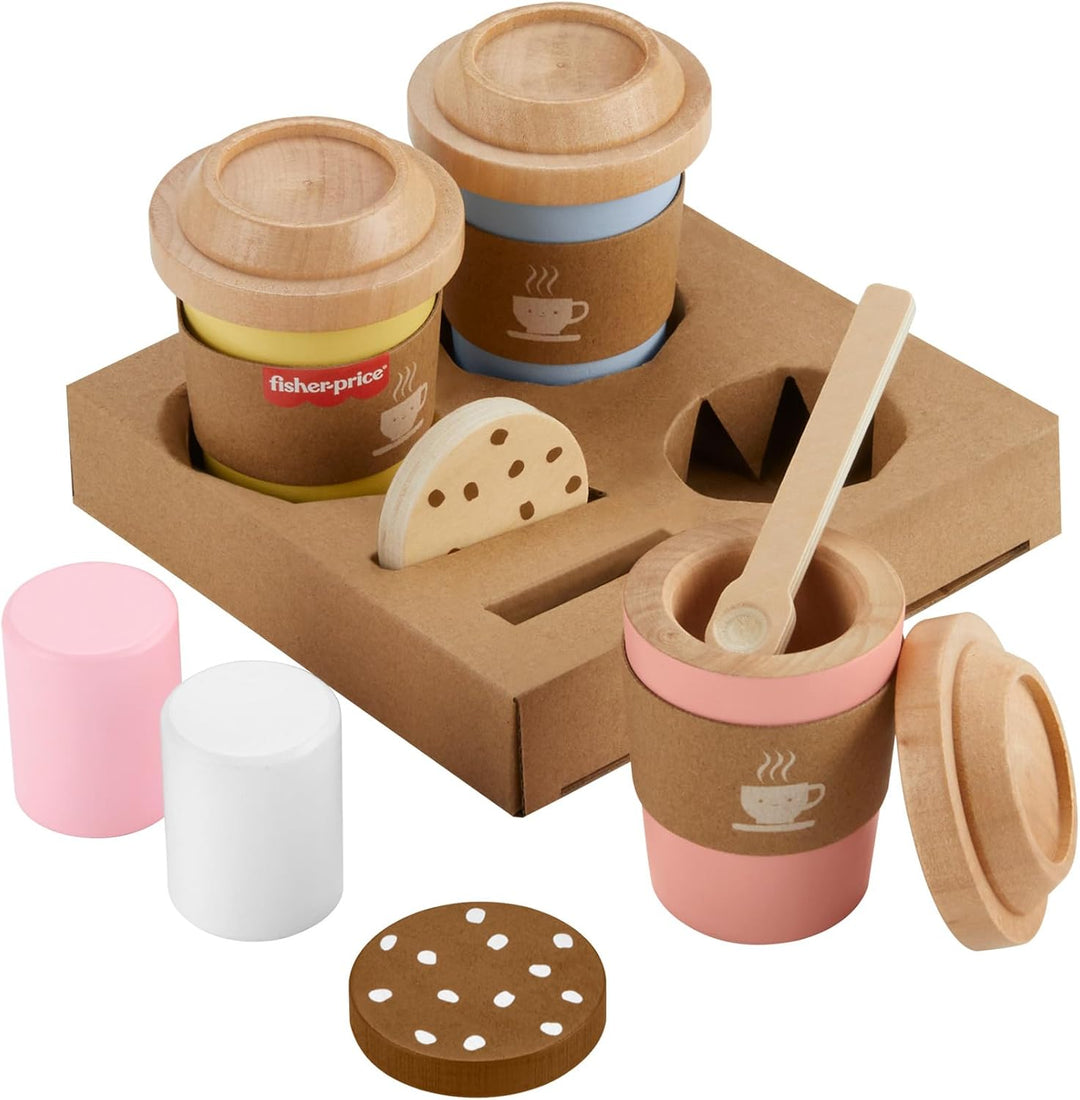 Fisher-Price Rollenspielset, Coffee-to-Go-Set aus Holz, Kaffeetassen und Leckereien für Kindergarten