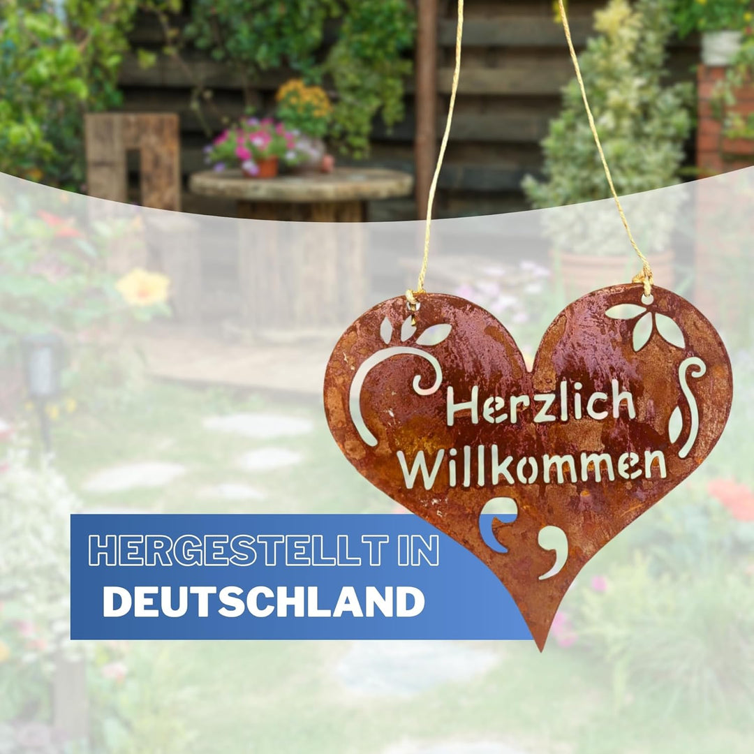 Radami Edelrost Herz - Willkommen - Schild Gartenstecker Metall Gartenfigur, Metall Figur Gartendeko