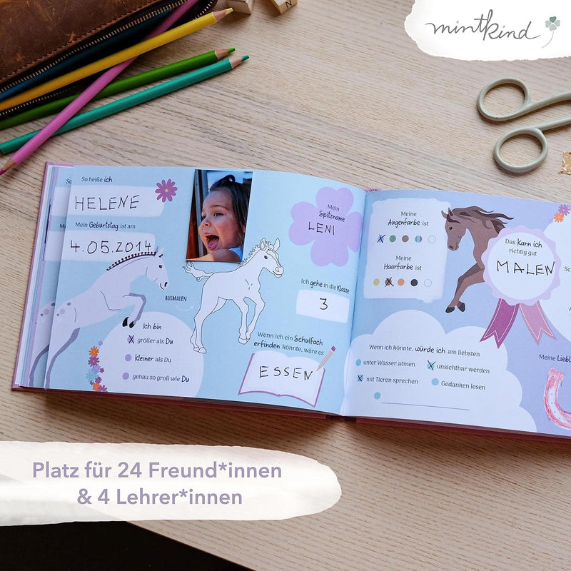 mintkind® „Meine Schulfreunde“ Freundebuch Schule Mädchen und Jungen Pferde Design | Freundschaftsbu