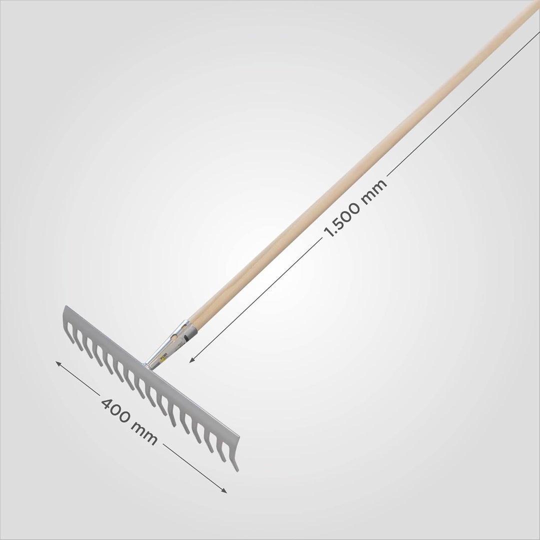 blizz-z Gartenrechen 40 cm Breite, 16 Zinken | Stabiler Rechen mit robustem Eschenstiel