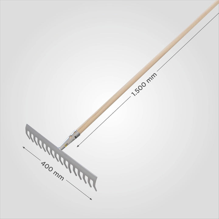 blizz-z Gartenrechen 40 cm Breite, 16 Zinken | Stabiler Rechen mit robustem Eschenstiel