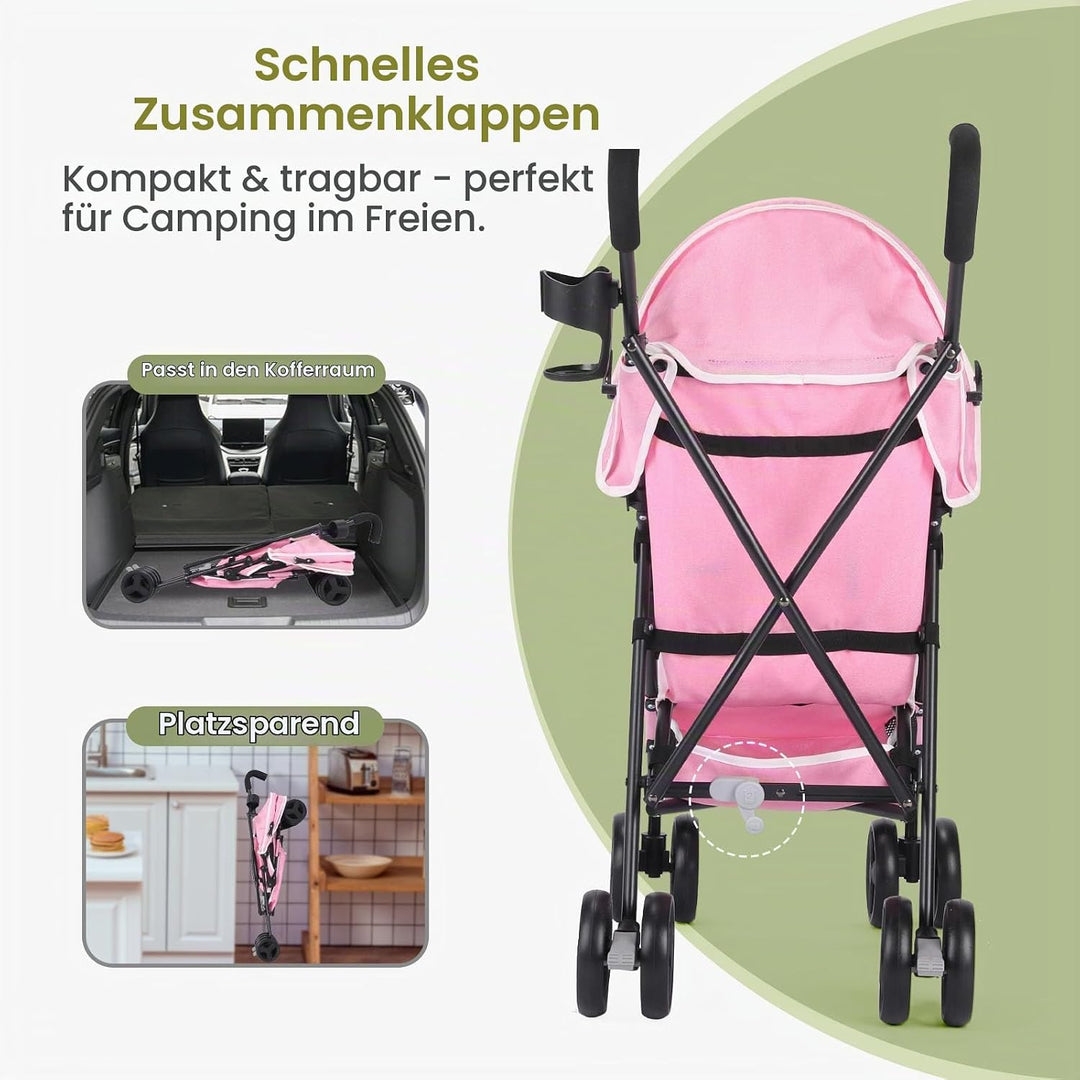 Einhändig klappbarer, leichter Kinderwagen, grosser Aufbewahrungskorb, Verdeck, Getränkehalter, komp