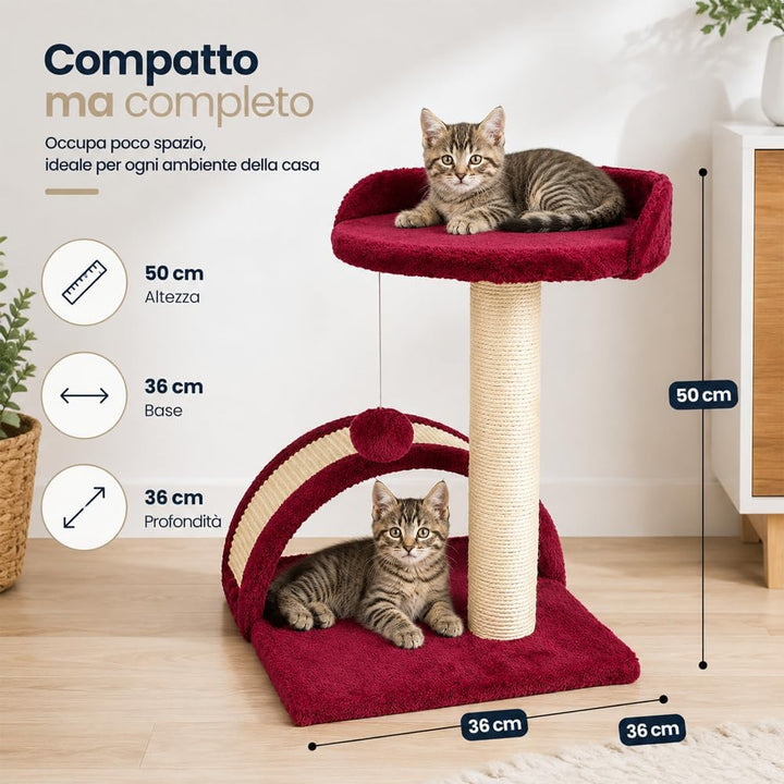 BAKAJI Kratzbaum für Katzen, aus weichem Velboa, mit Sisalstange, 50 cm, mit Spielball, Tunnel mit S