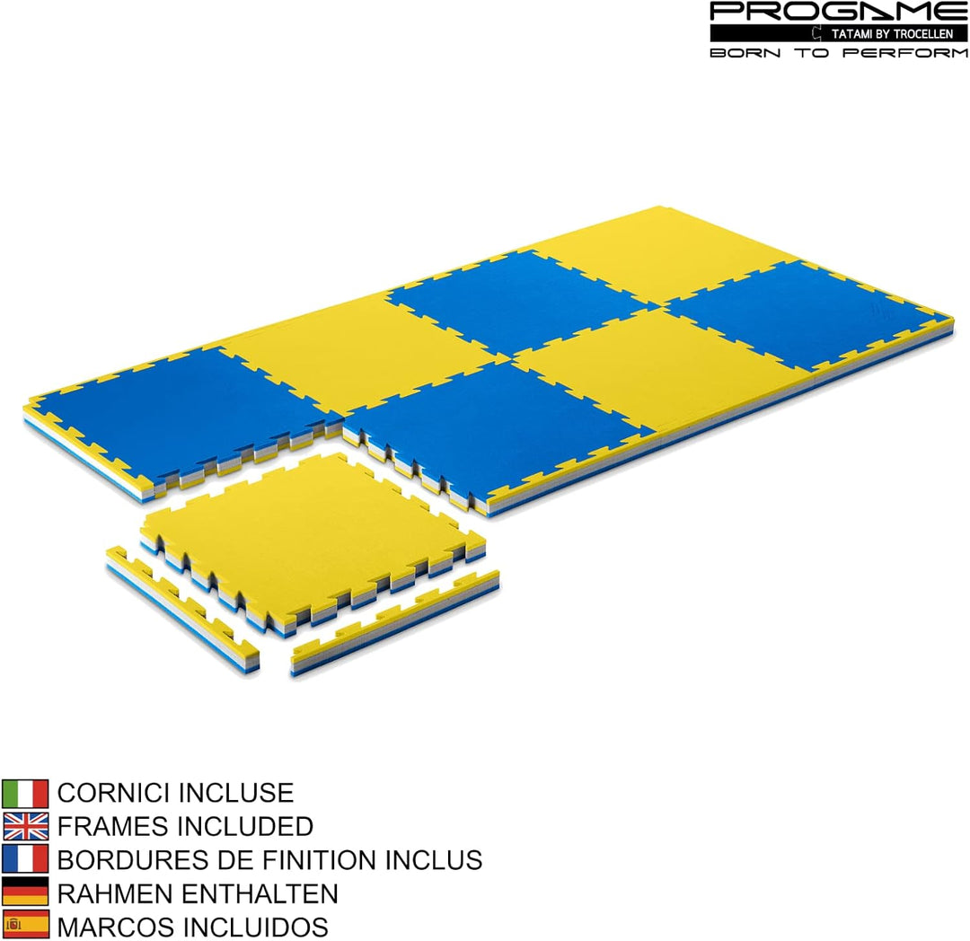 ProGame Kit 8 Stück Tatami Matte 4 cm PERFORMANCE-HOME 50x50 cm Judomatte Gelb/Blau, Gelb/Blau