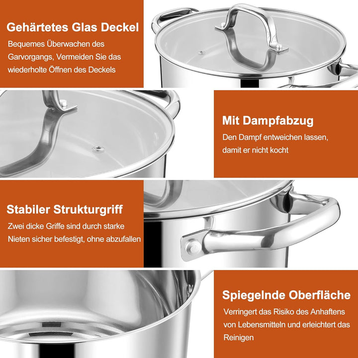 Homikit Kochtopf Gross 7,6L, Edeastahl Topf Nudeltopf Induktion mit 3-Lagen Böden für alle Herdearte
