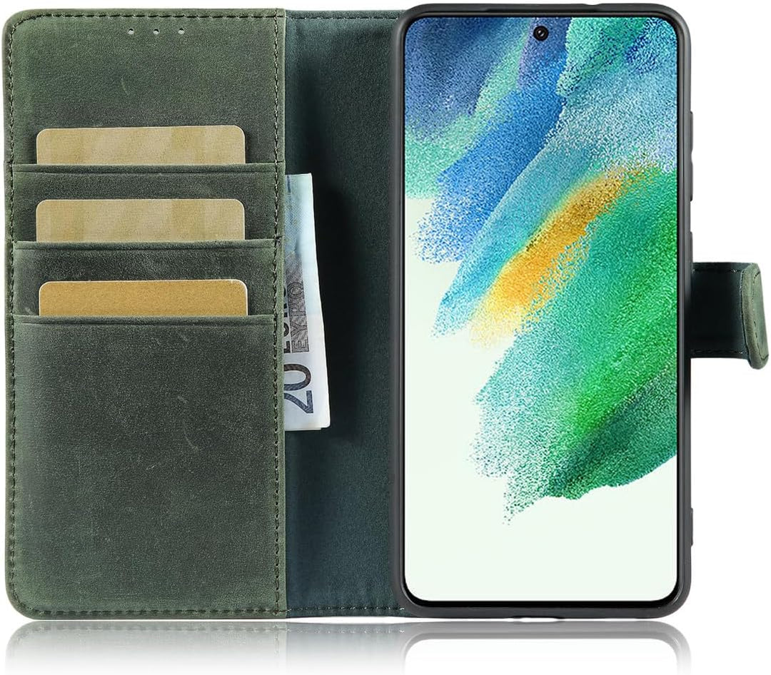 LENSUN Echtleder Hülle für Samsung Galaxy S21 FE, Handyhülle [Echtes Leder][Magnetverschluss][Karten