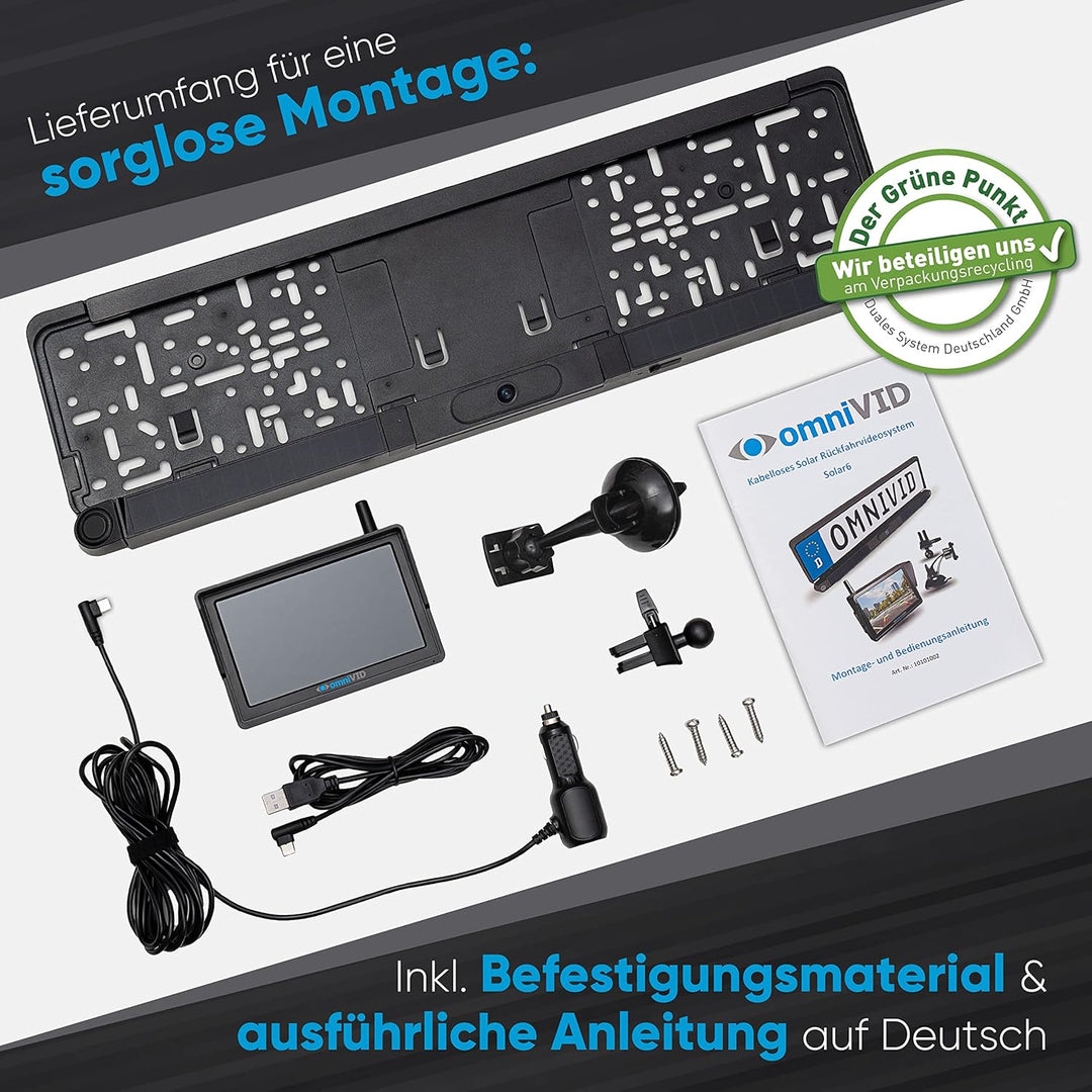 omniVID® Solar6 Premium Solar 5 Zoll Rückfahrkamera-System mit Parksensoren, Kabellos mit 5 Zoll Mon