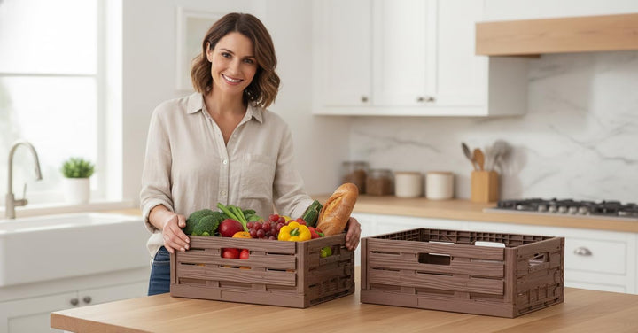 Bestlivings Stabile Faltbox 4er Pack Holzdesign 40 x 30 x 16,3cm (LxBxH) Stapelbarer Faltbarer Einka