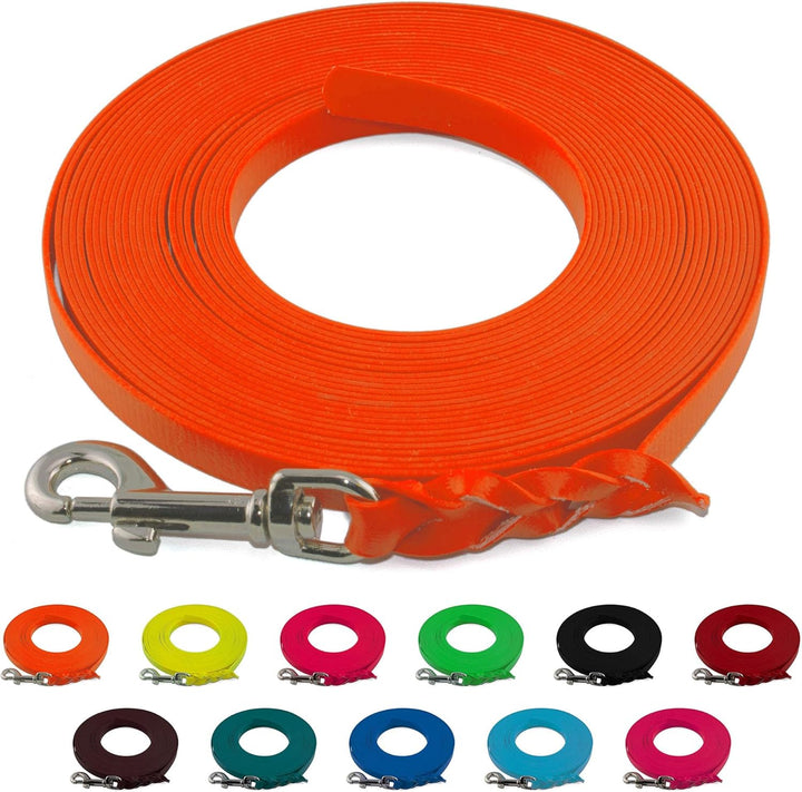 LENNIE Leichte BioThane Schleppleine, 13mm, Hunde 15-25kg, 30m lang, ohne Handschlaufe, Neon-Orange,